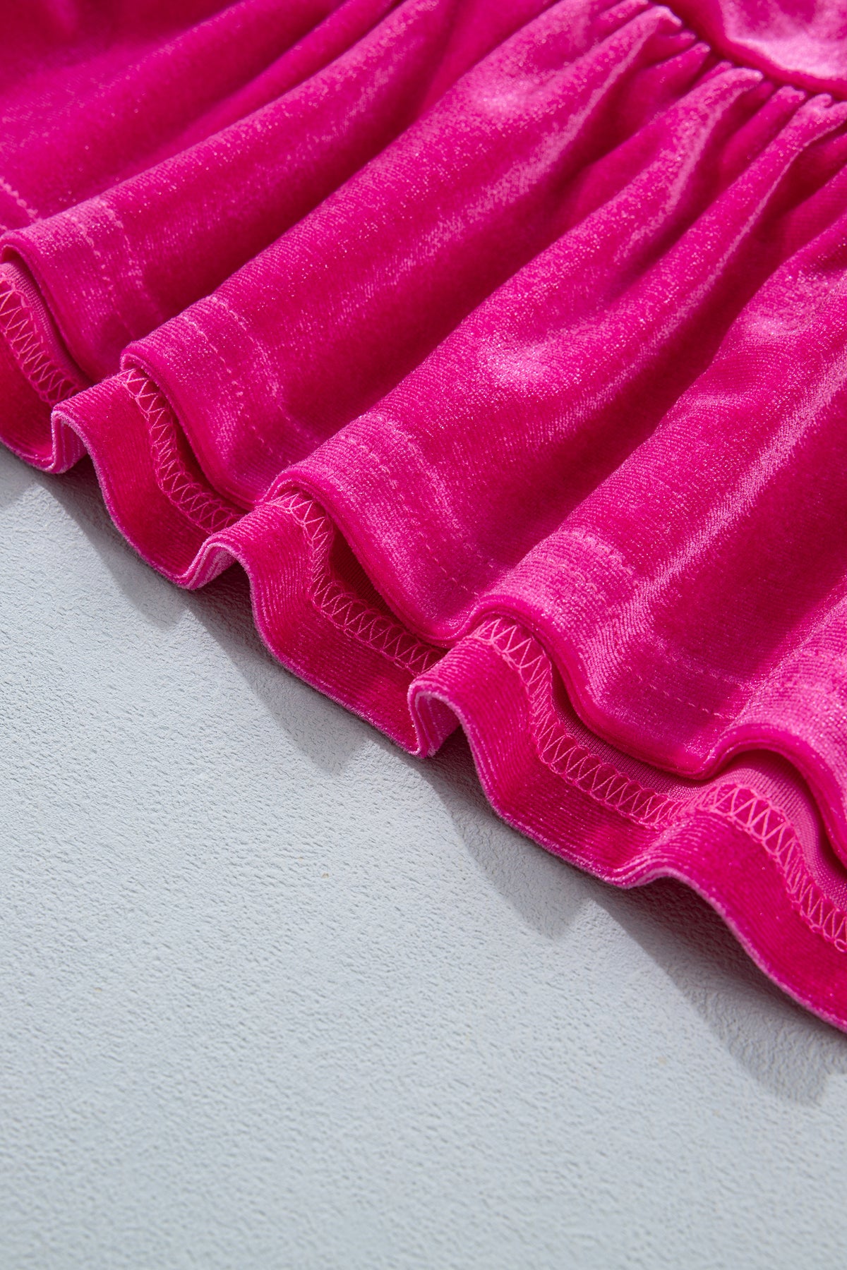 Strawberry Pink V-Neck Velvet Ruffled Cuffs Hem Long-Sleeve Top