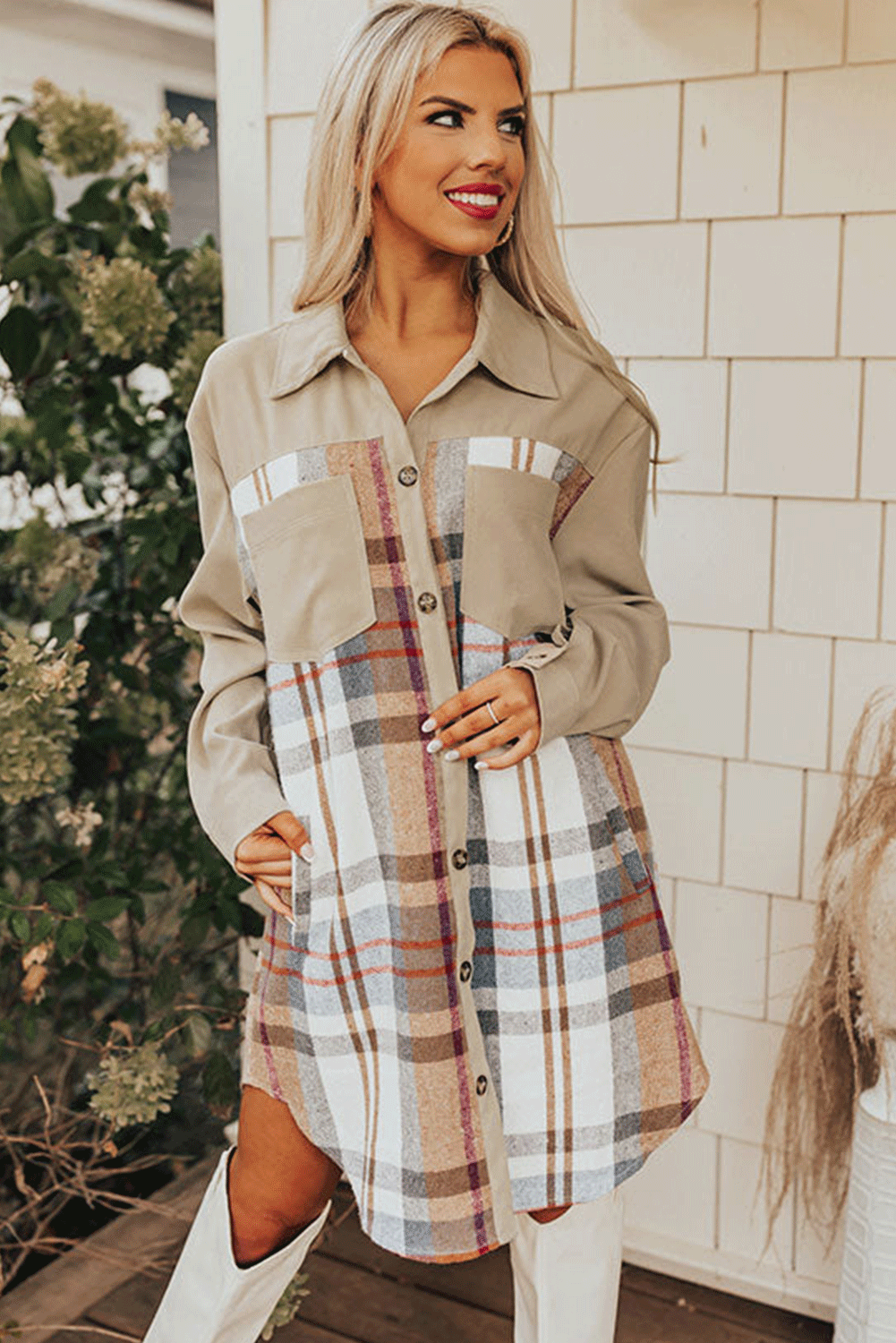 Khaki plaid patchwork long sleeve mini dress by Dear-Lover, featuring a casual, stylish design with a button-up front and collar.