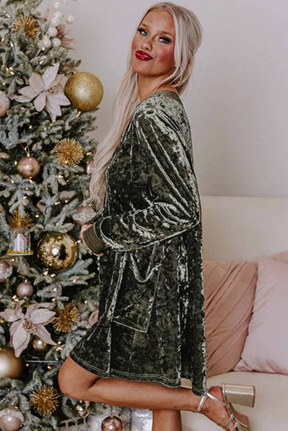 Jungle Green Velvet Dress with Pockets