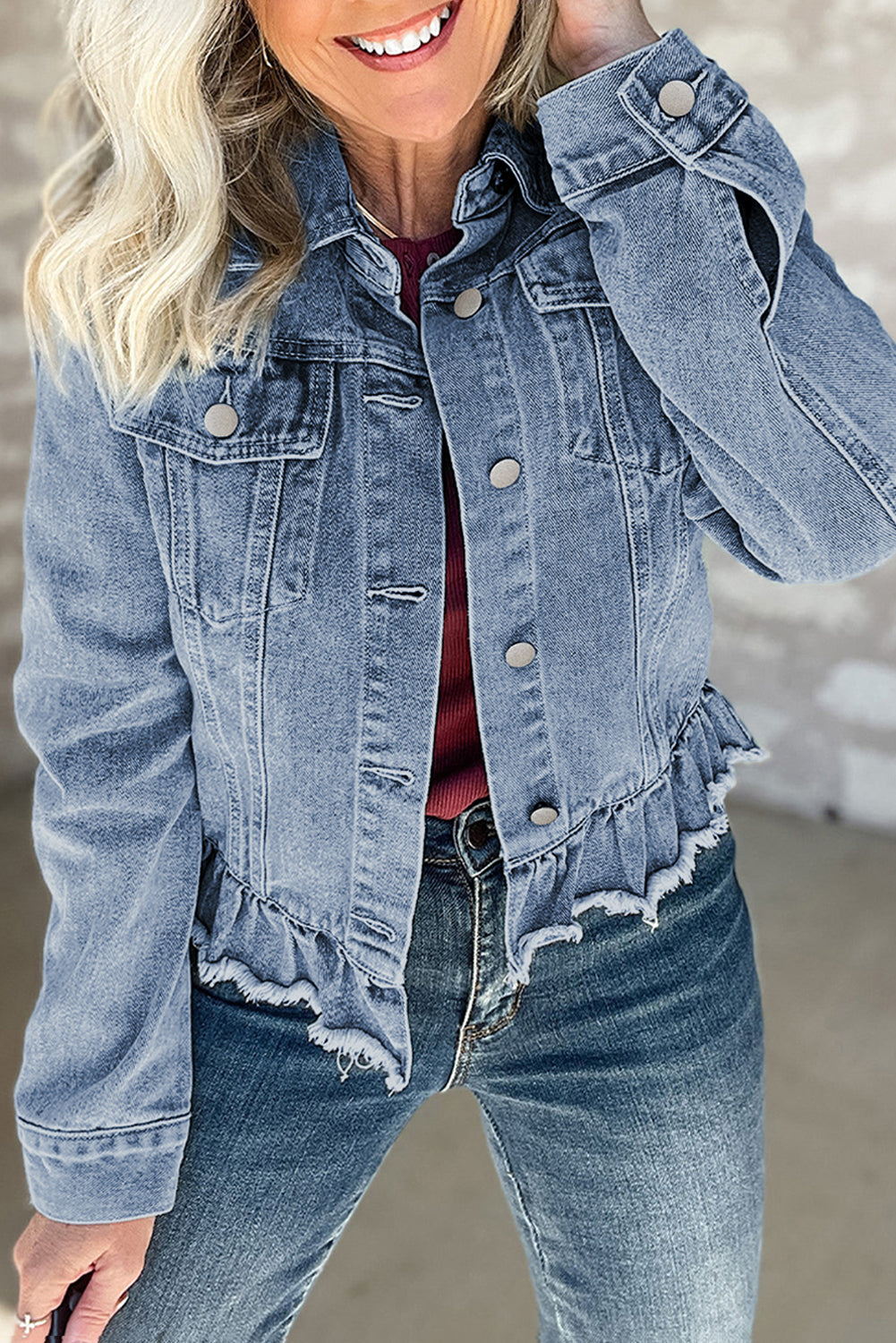 Beau Blue Ruffle Raw-Hem Denim Jacket