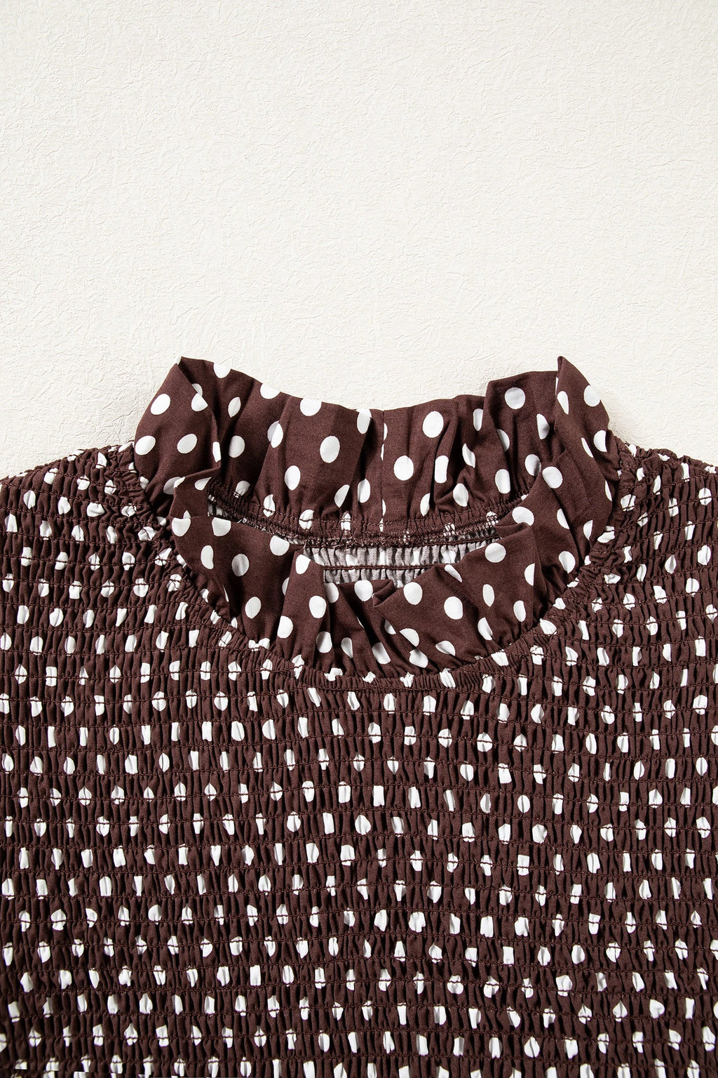 Polka Dot Shirred Ruffle Hem Long Sleeve Blouse
