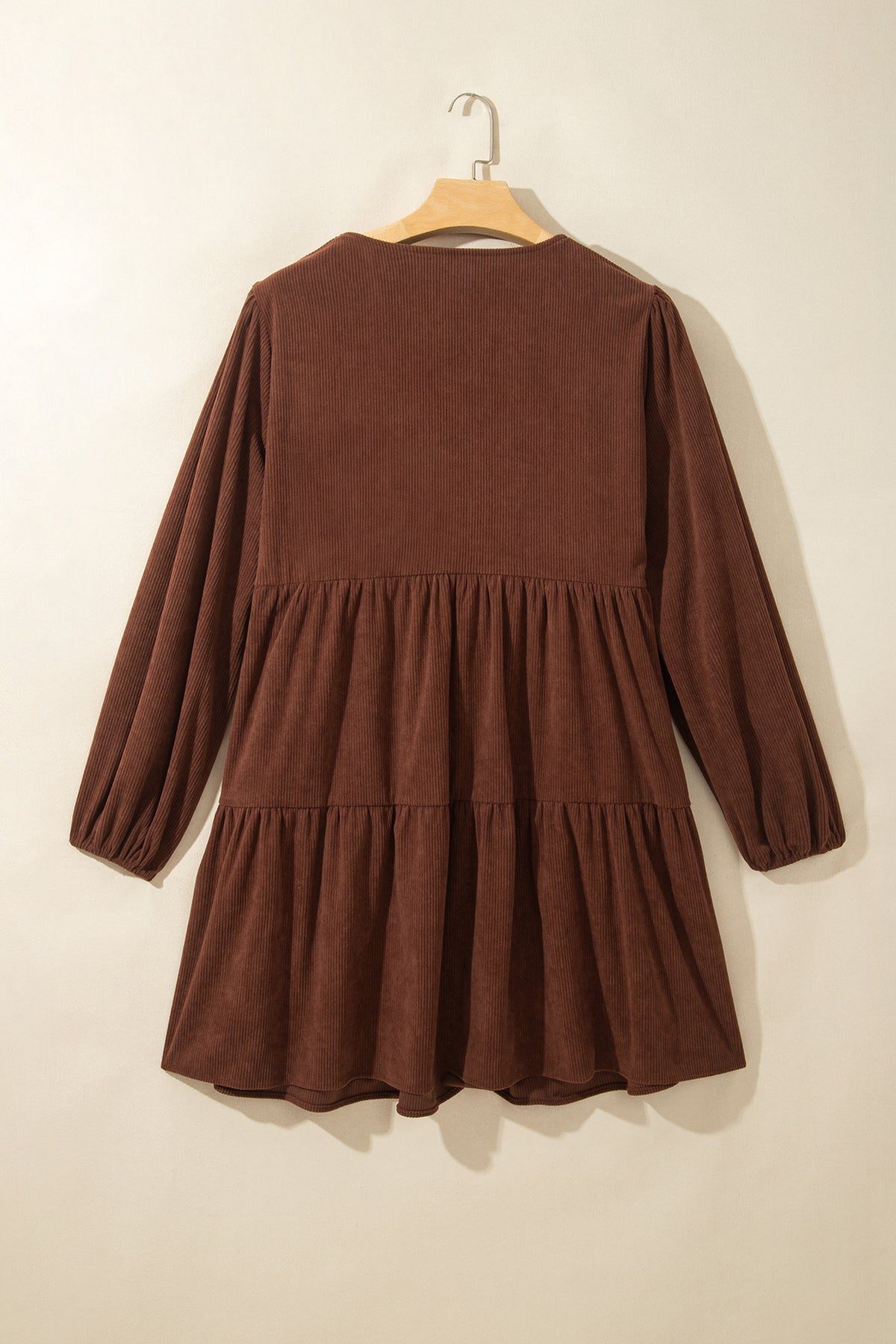 Dear-Lover plus size coffee-colored corduroy V-neck long sleeve mini dress, stylish winter dress for women.