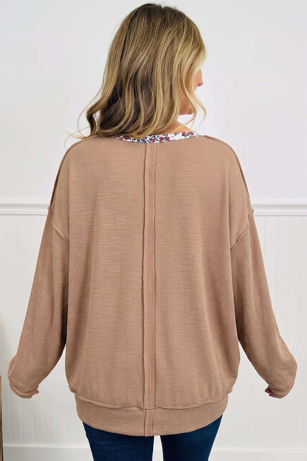 Light French beige floral trim U-neck long sleeve tunic top by Dear-Lover, casual pullover with floral accents and comfortable fit.
