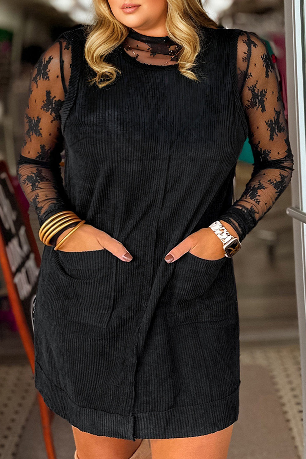 Black Plus Size Corduroy Patch Pocket Sleeveless Mini Dress