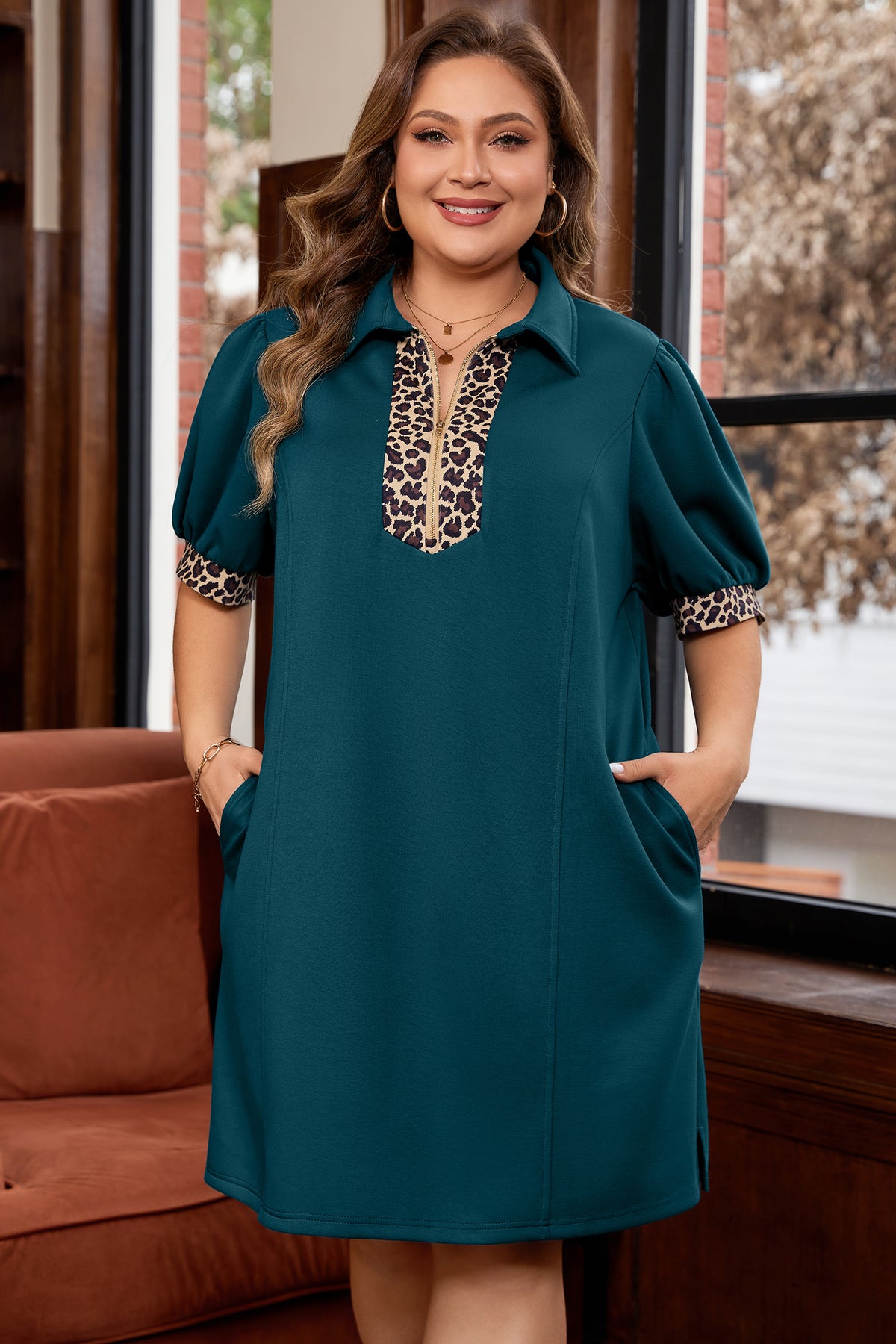 Sea Green Leopard Patchwork Detail Quarter Zip Collared Plus Size Mini Dress