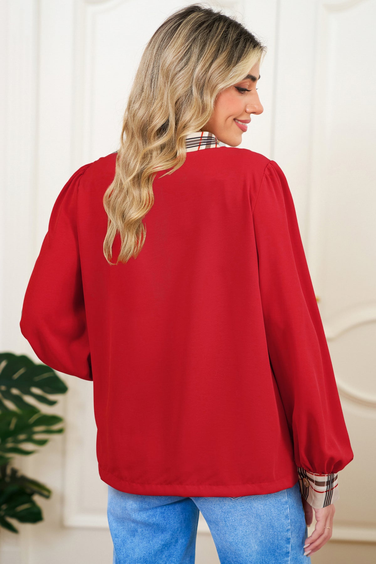 Racing Red Plaid Patchwork Blouse