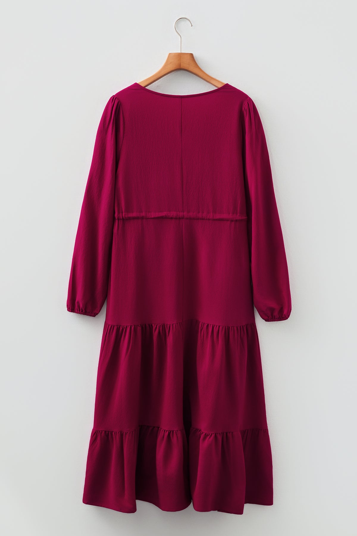 Burgund Long Sleeve V Neck Maxi Dress