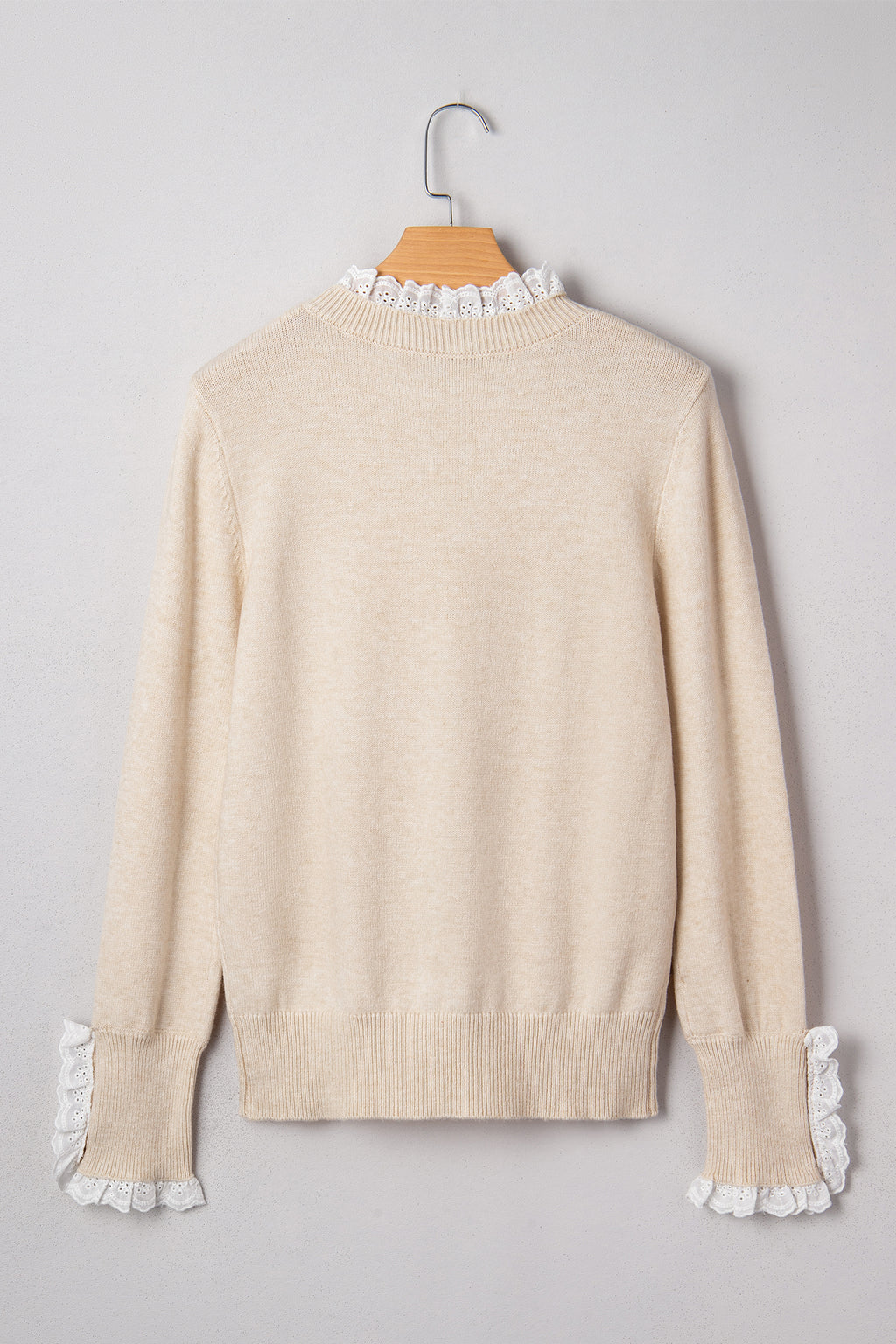 Laced Trim Loose Sweater with Buttoned Cuffs