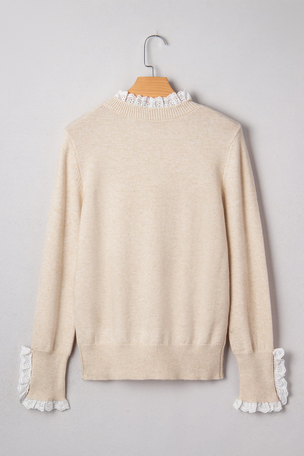 Laced Trim Loose Sweater with Buttoned Cuffs