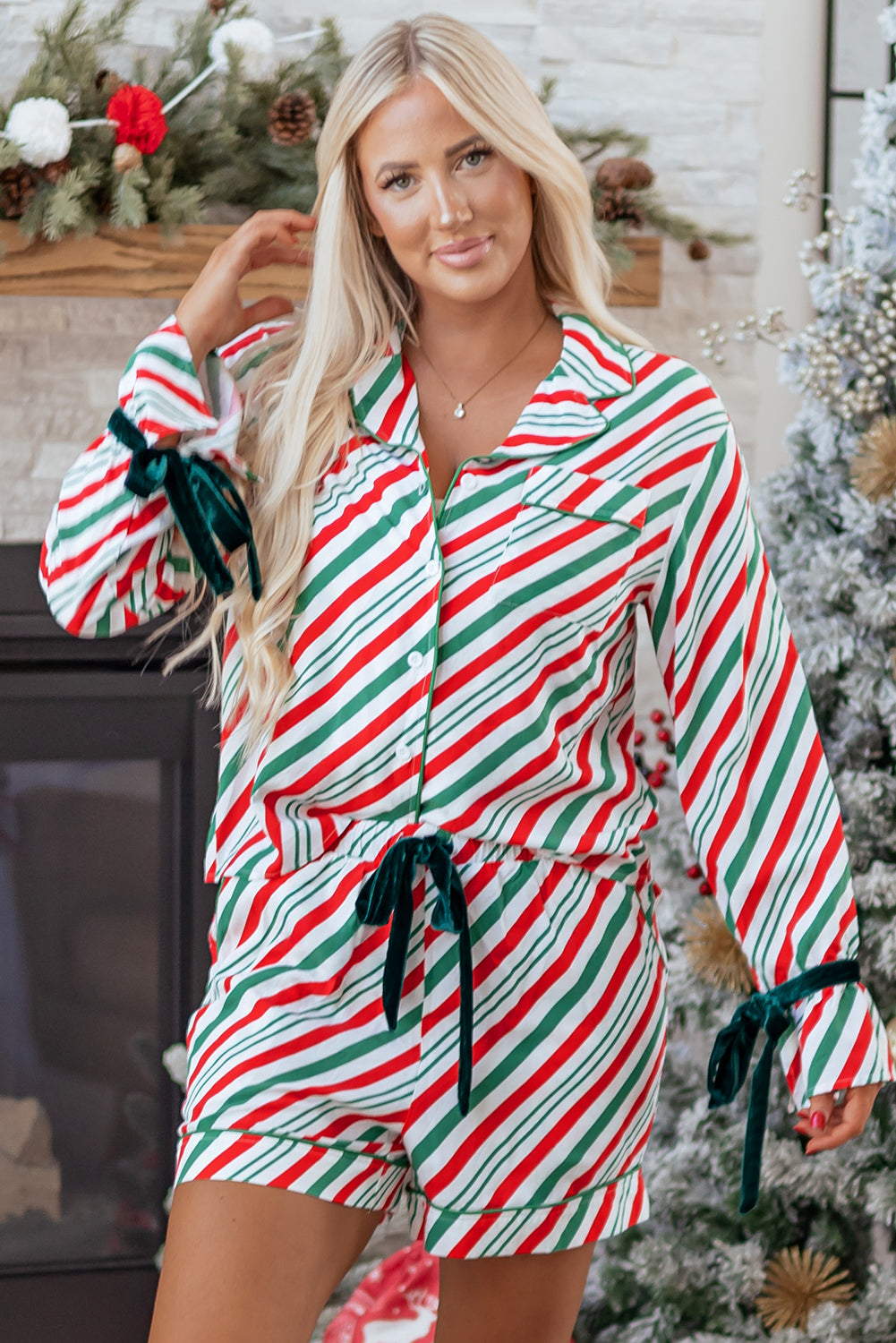 Green Stripe Velvet Ribbon Christmas Pajama Set
