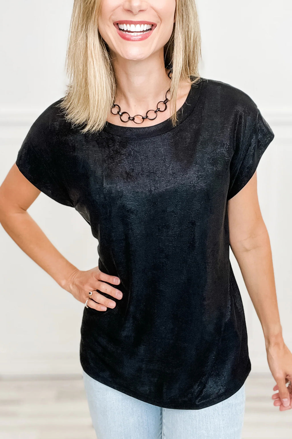 Black Metallic Round Neck Cap Sleeve Tee