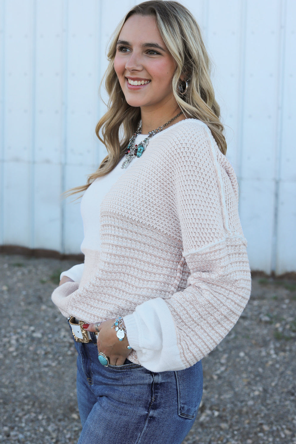 Oatmeal Mixed-Pattern Tie-Keyhole Sweater