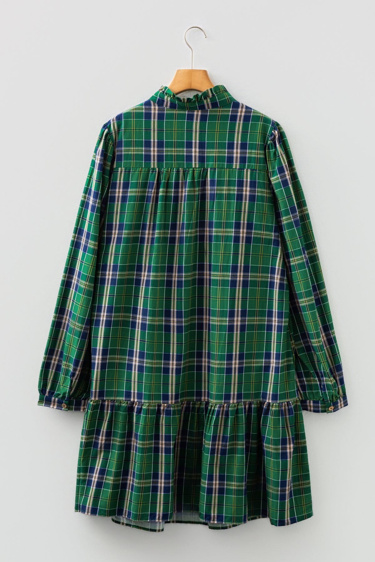 Green Plus Size Plaid Long Sleeve Notched Neck Shift Mini Dress