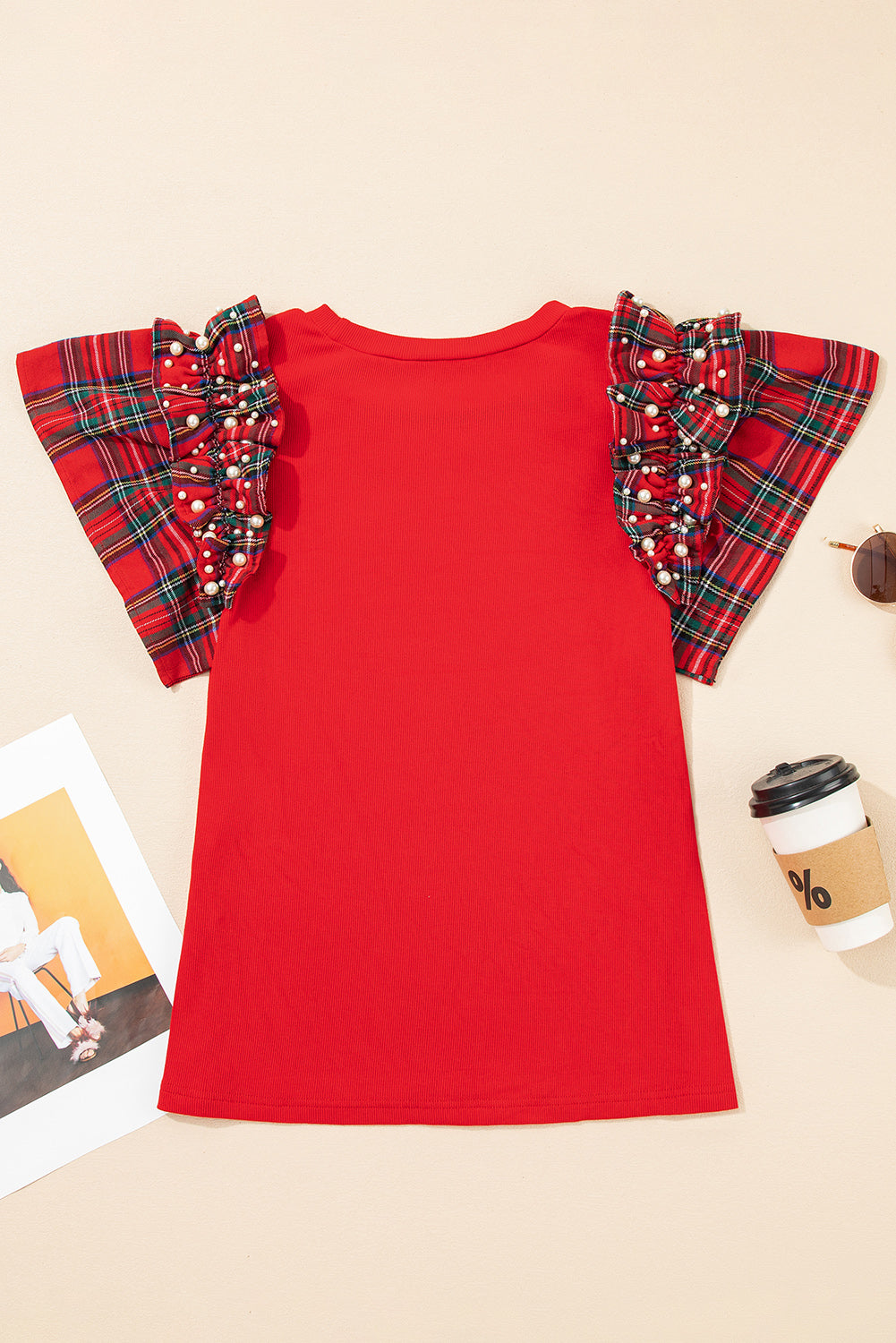 Plaid Pearl Ruffle Short Sleeve Shirt