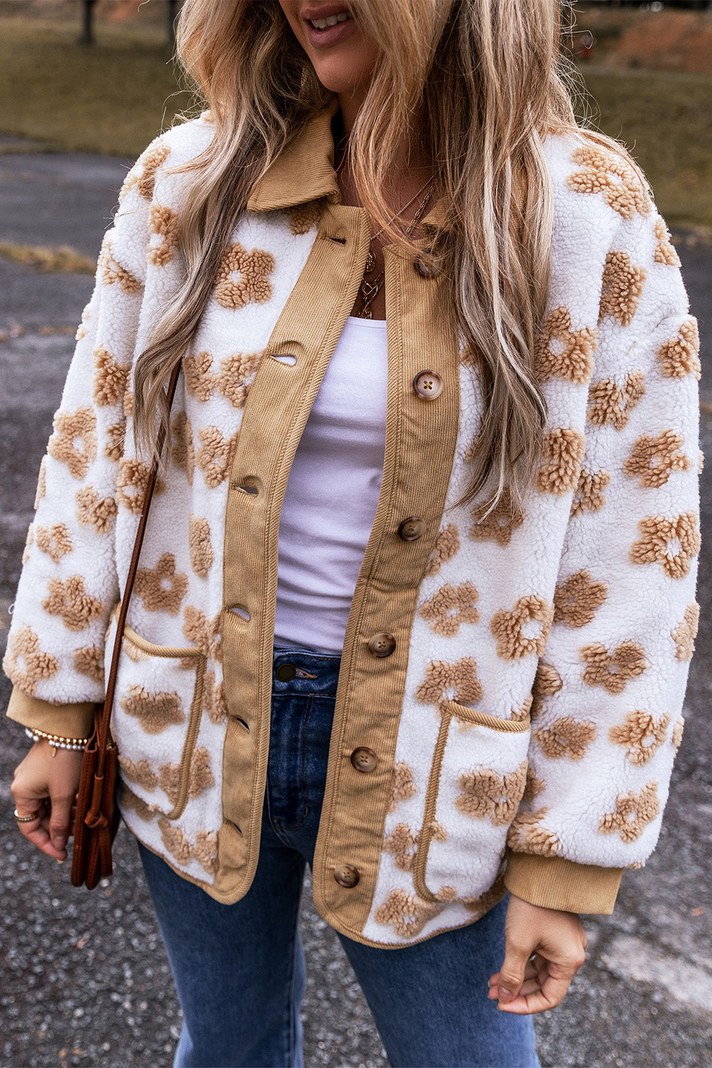 French Beige Flower Button-Up Fleece Jacket