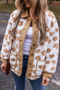 French Beige Flower Button-Up Fleece Jacket