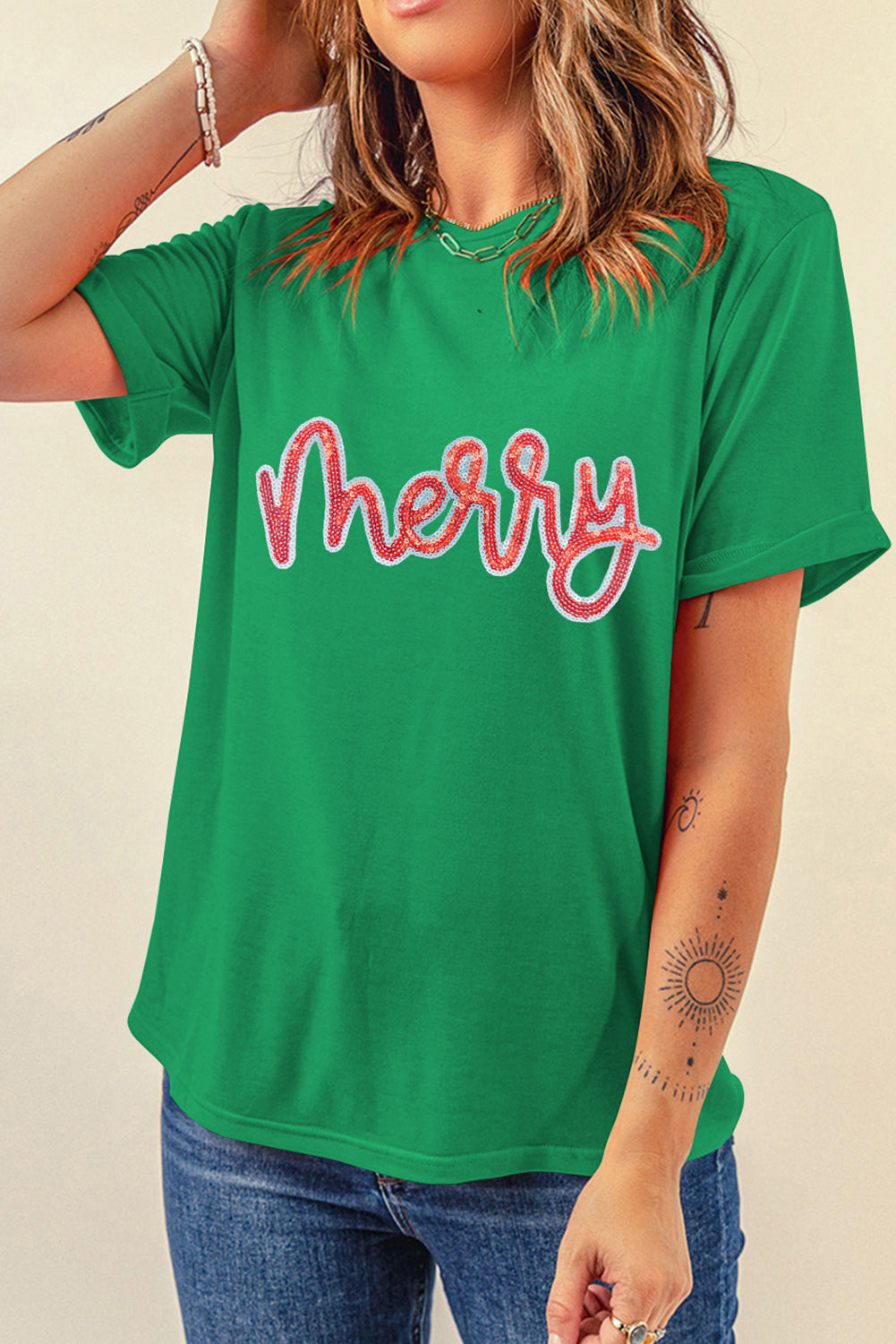 Bright Green merry Sequin Graphic Tee
