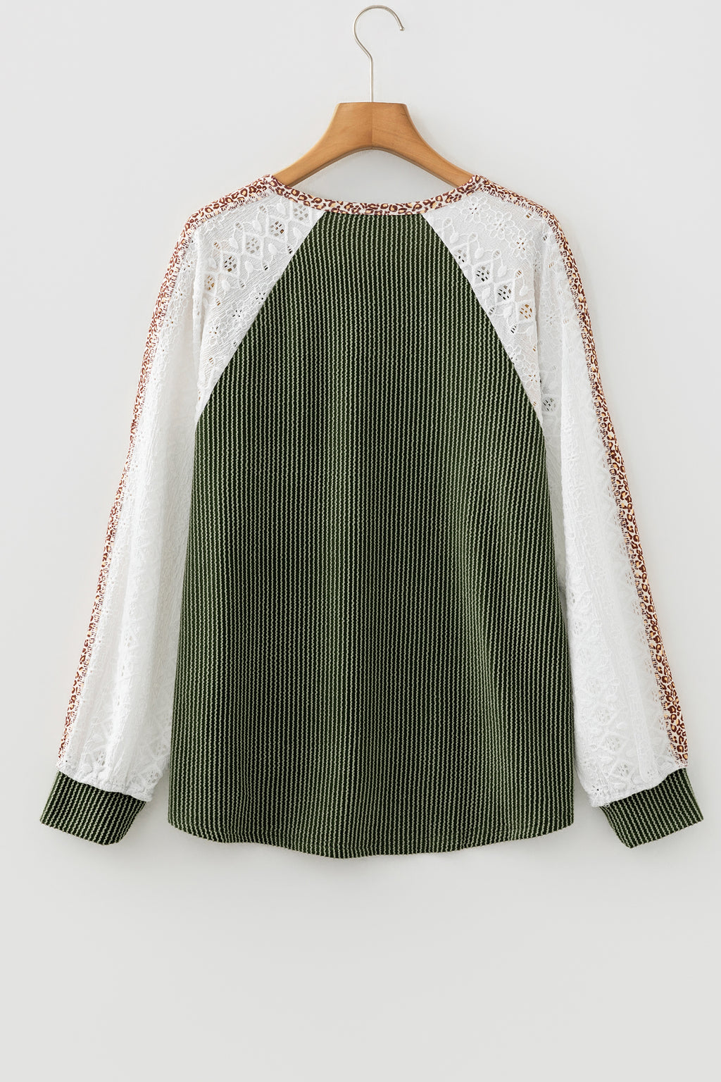 Vineyard Green Twisted Ribbed Leopard Lace Contrast Patchwork Long Sleeve Top