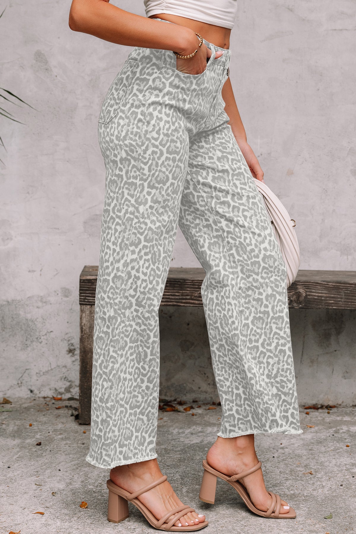Leopard Frayed Wide-Leg Jeans