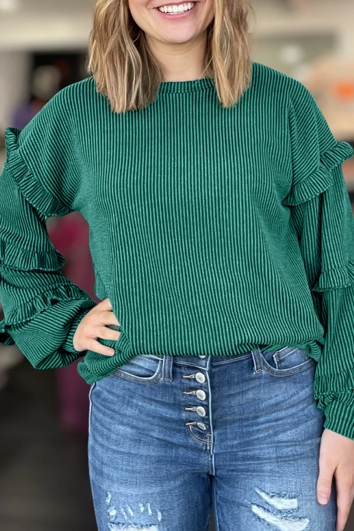 Evergreen Twisted Ribbed Tiered Ruffles Long Sleeve Pullover Top