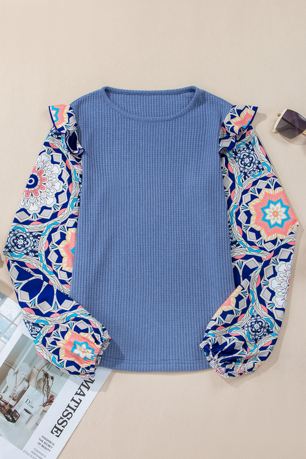 Ruffled Floral Sleeve Waffle Knit Blouse