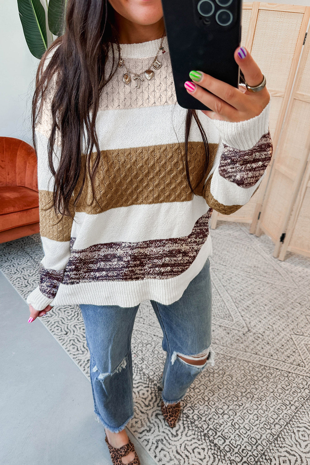 Brown Striped Color Block Sweater