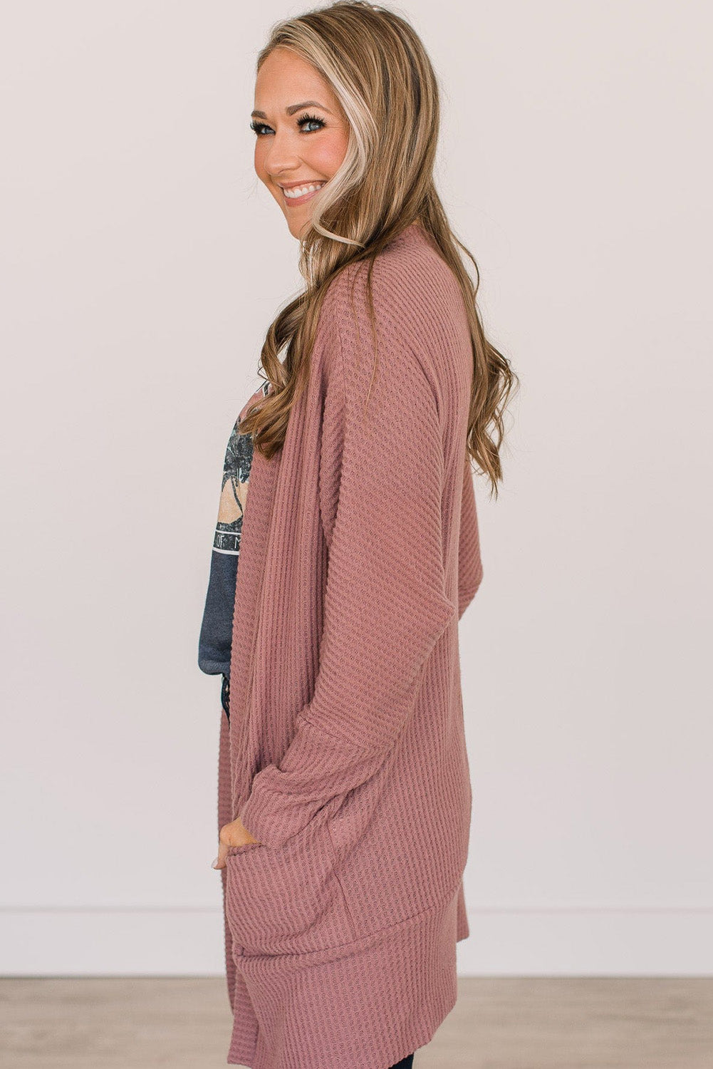 Mineral Red Waffle-Knit Pocket Cardigan