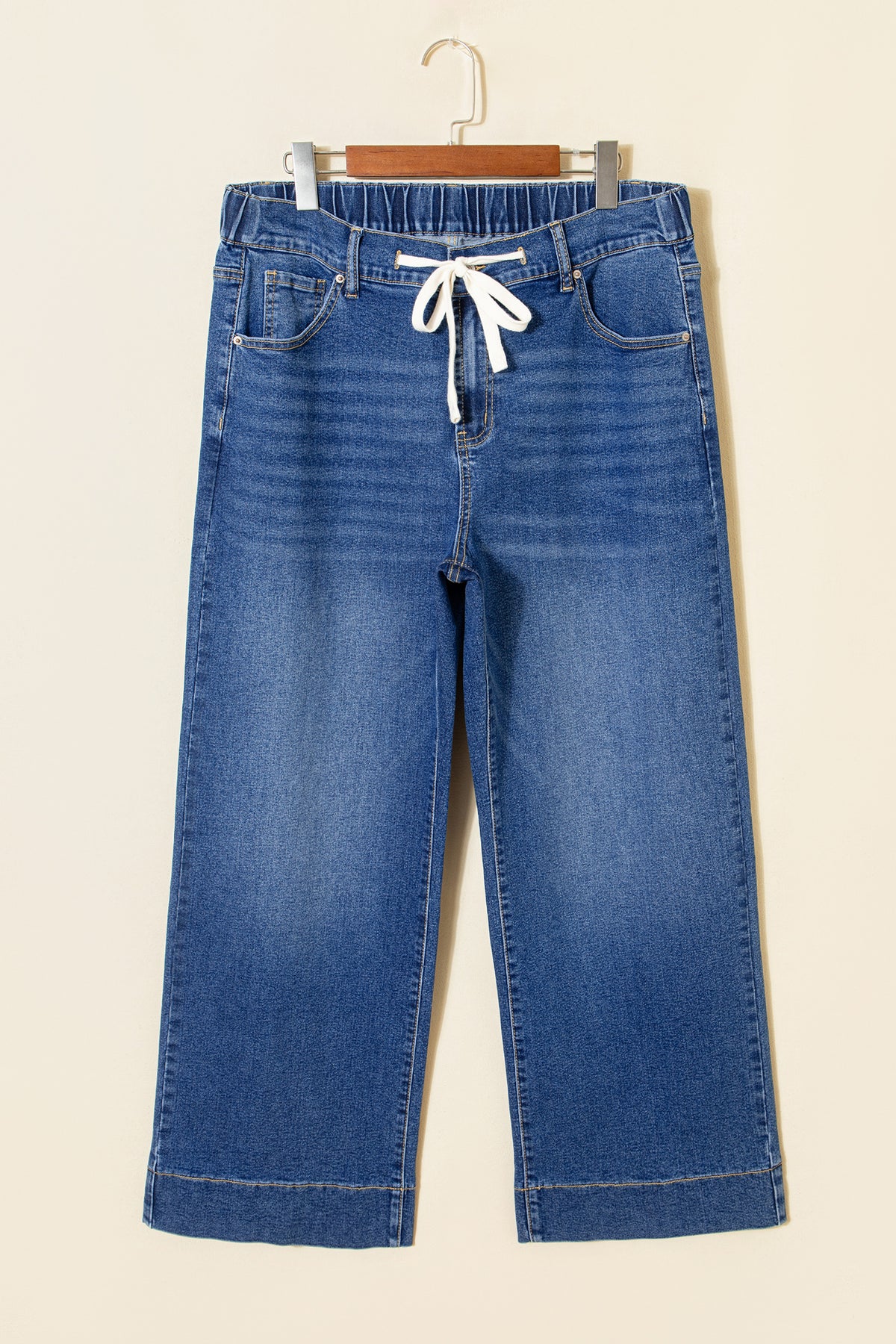 Dark blue acid wash plus size jeans with contrast lace-up detail from Dear-Lover, featuring a relaxed fit and stylish design.