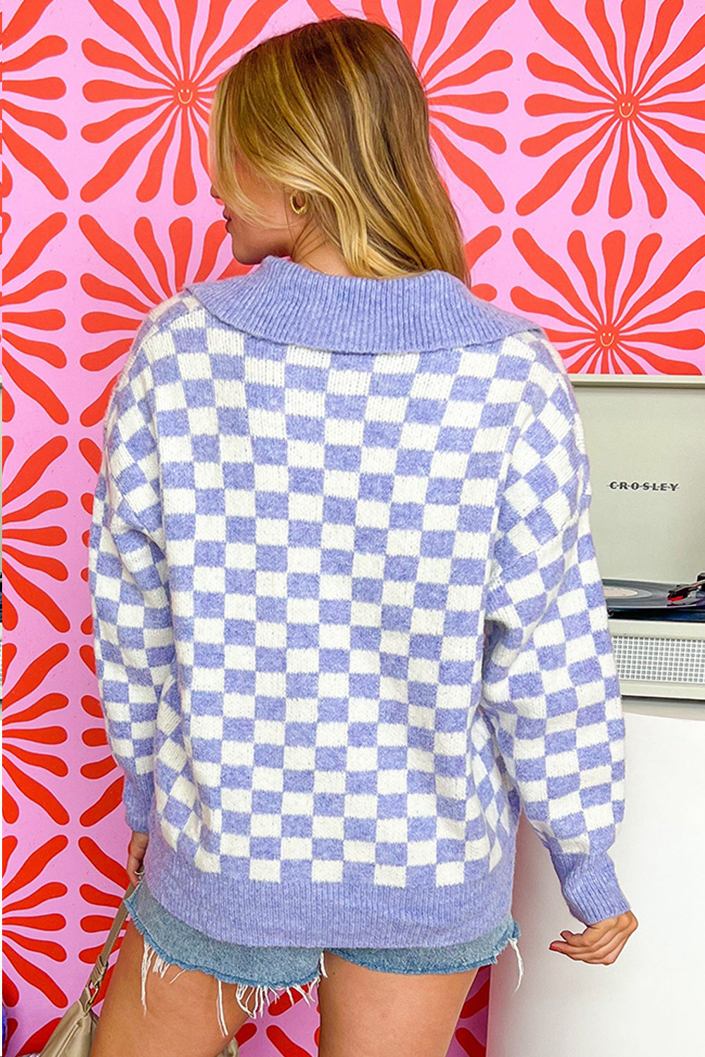 Plus size purple checkered collared sweater by Dear-Lover with button details, suitable for casual or stylish outfits.