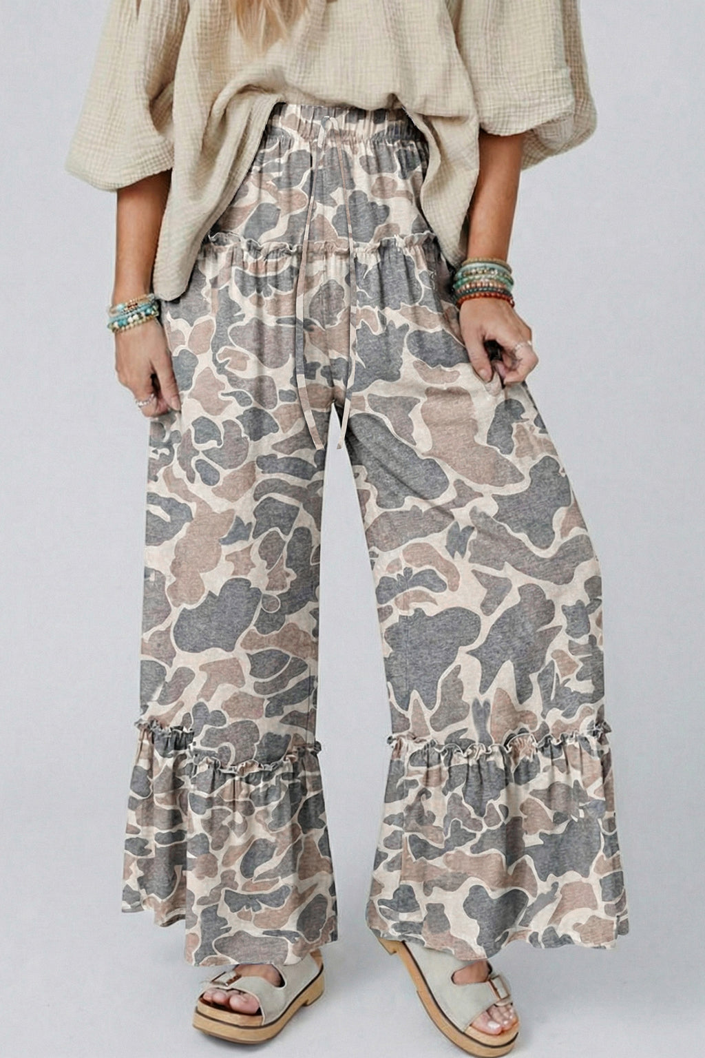Multicolour camo print wide-leg casual pants from Dear-Lover, featuring a relaxed fit and stylish camouflage pattern.