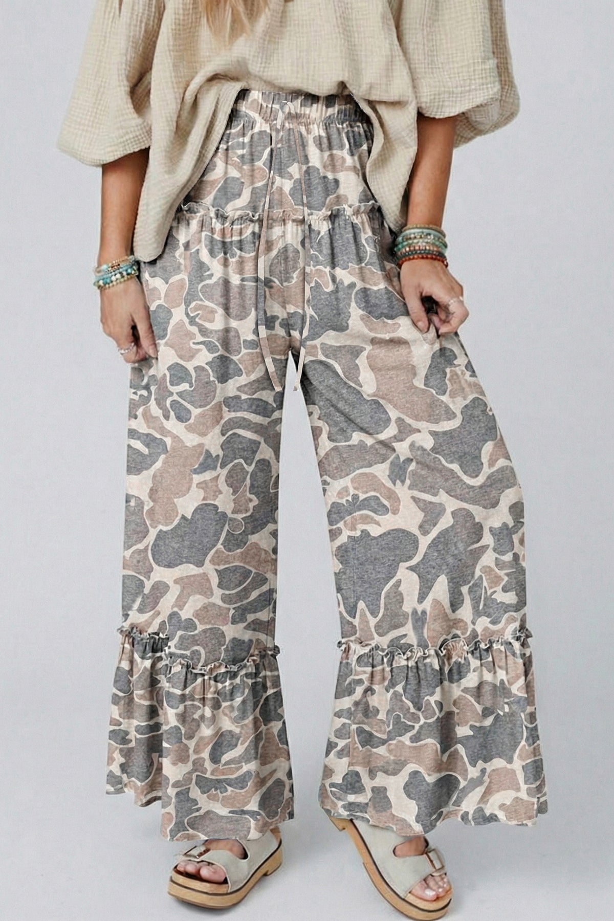 Multicolour camo print wide-leg casual pants from Dear-Lover, featuring a relaxed fit and stylish camouflage pattern.