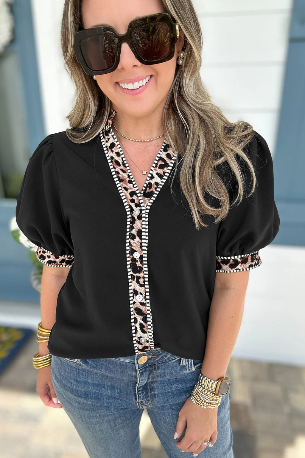 Black V Neck Short Puff Sleeve Contrast Striped Leopard Trim Button Down Shirt