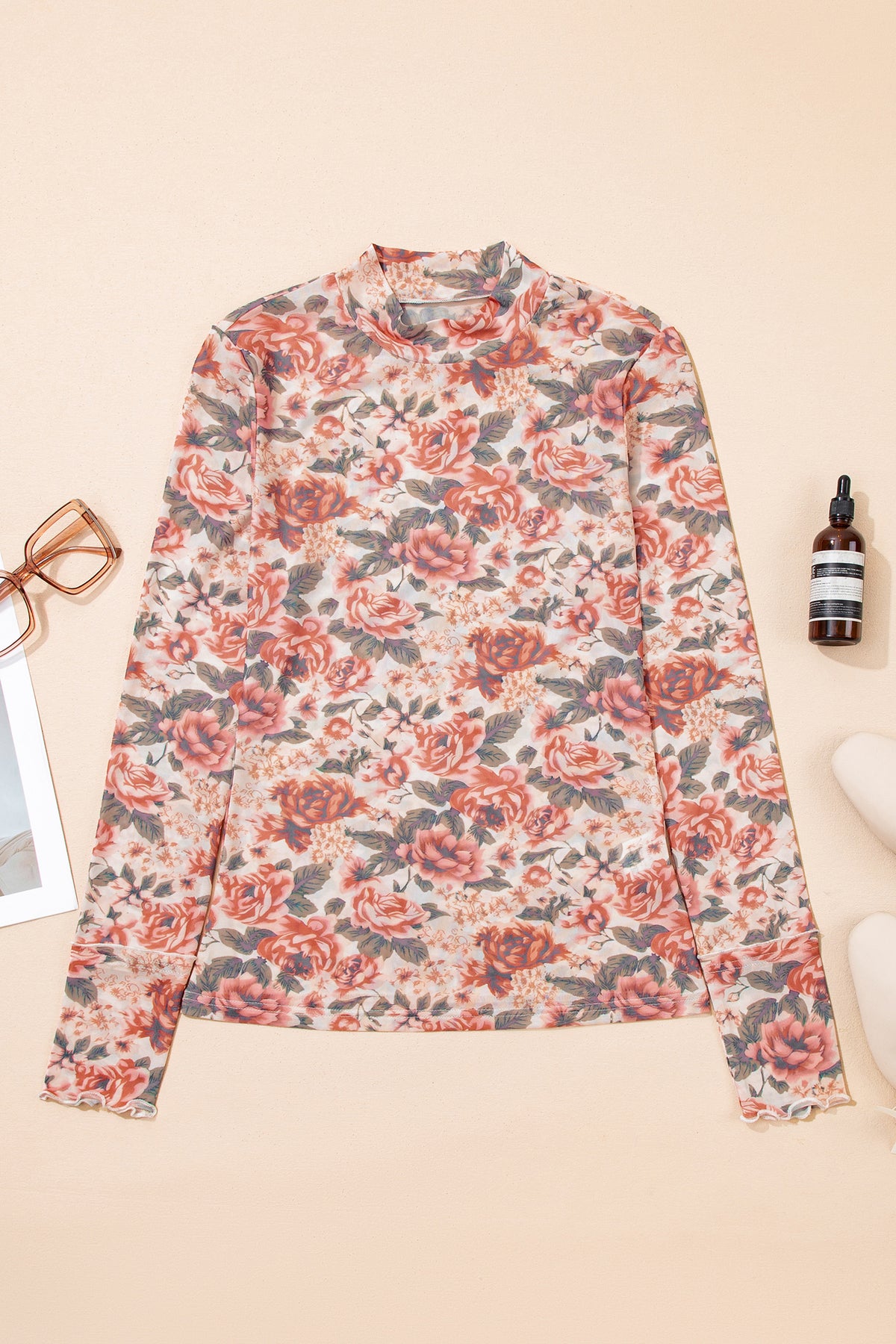 Retro Bloom Mesh Mock Neck Top