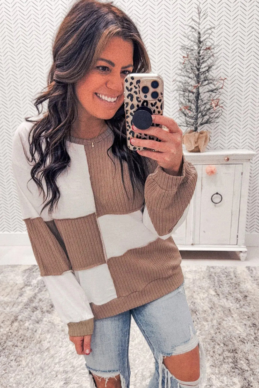 Dark Khaki Colorblock Checkered Knitted Sweater