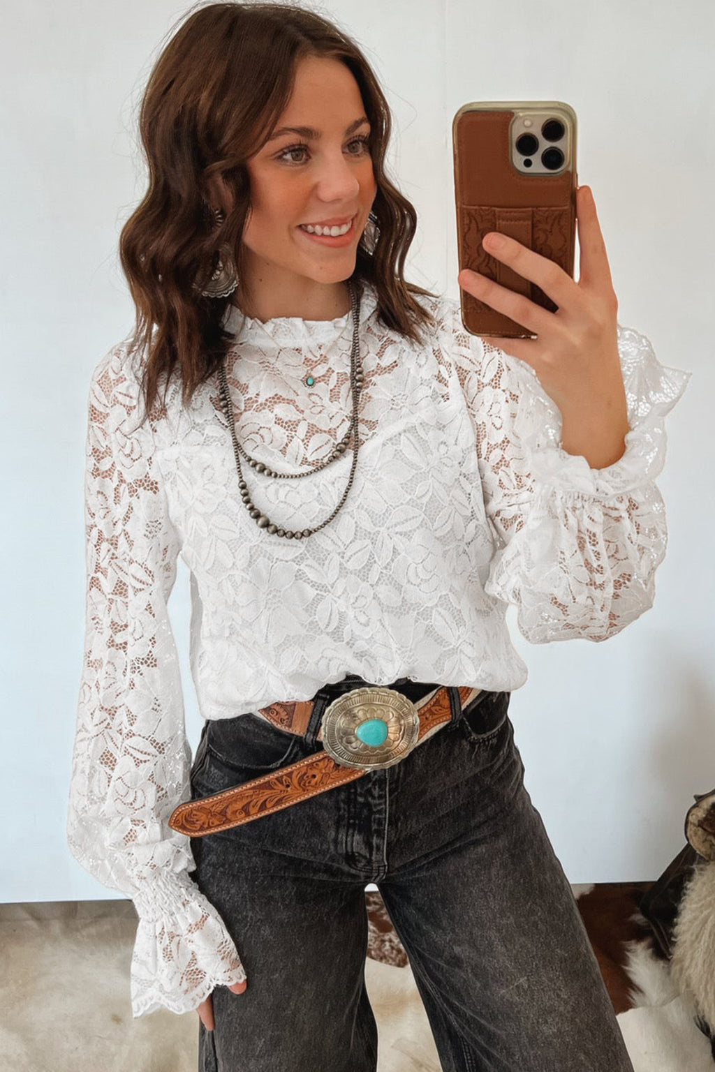 White Ruffled Sheer Lace Blouse