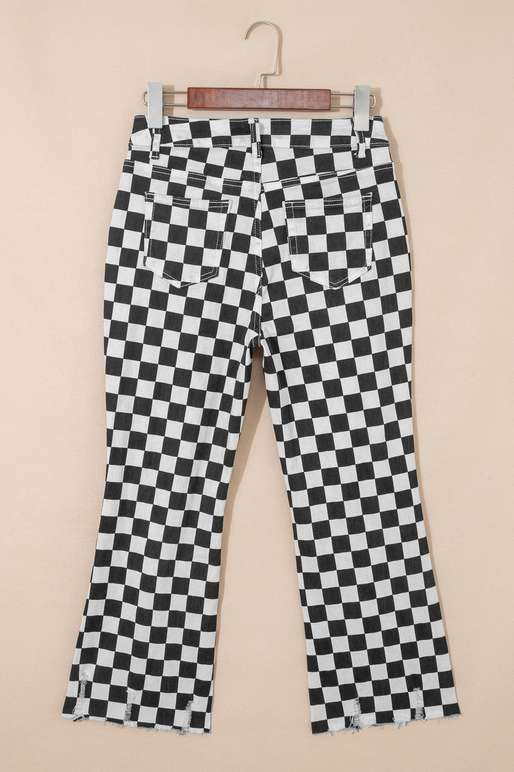 Black checkerboard print distressed raw edge cropped jeans from Dear-Lover, showing the detailed pattern and edgy design.