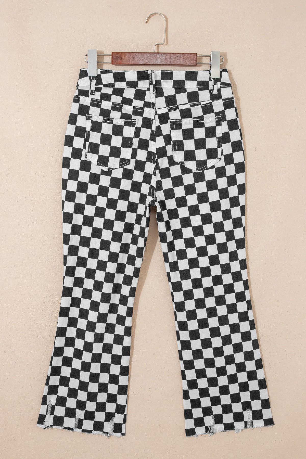 Black checkerboard print distressed raw edge cropped jeans from Dear-Lover, showing the detailed pattern and edgy design.