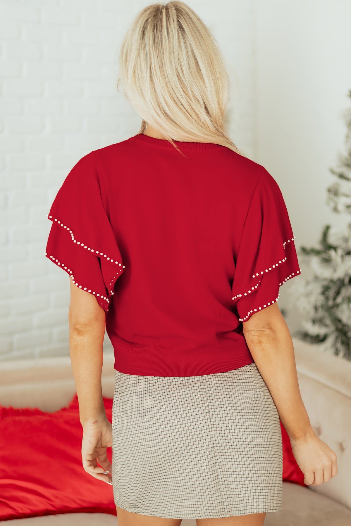 Red Pearl Embellished Ruffle Short Sleeve Sweater