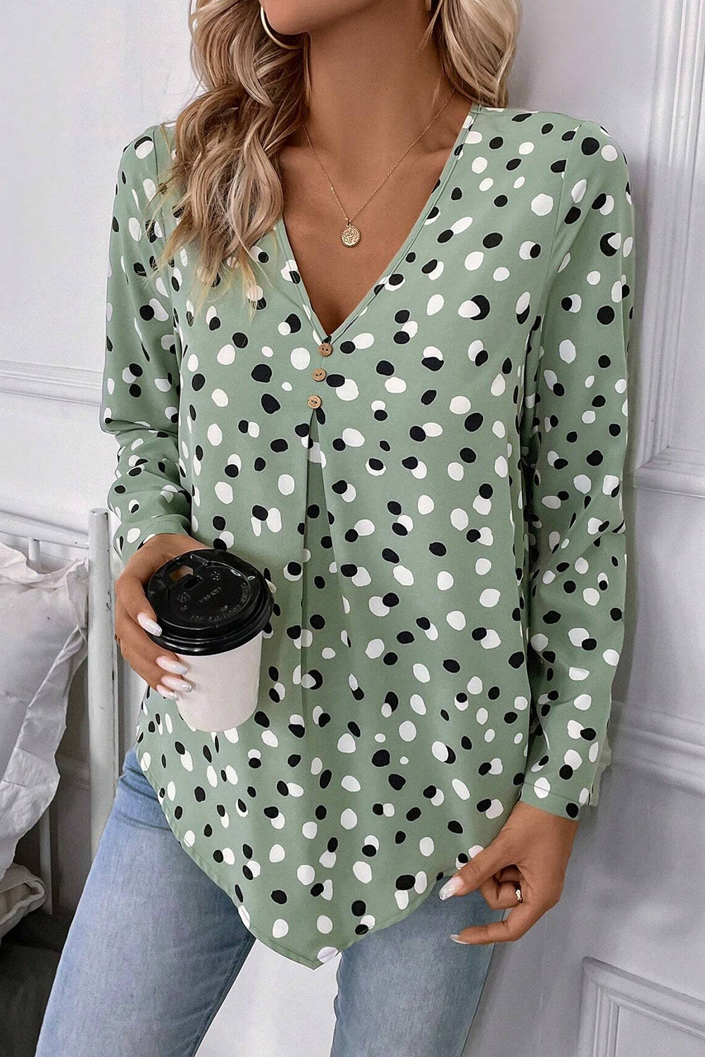 Green Polka Dot Button-Front Blouse