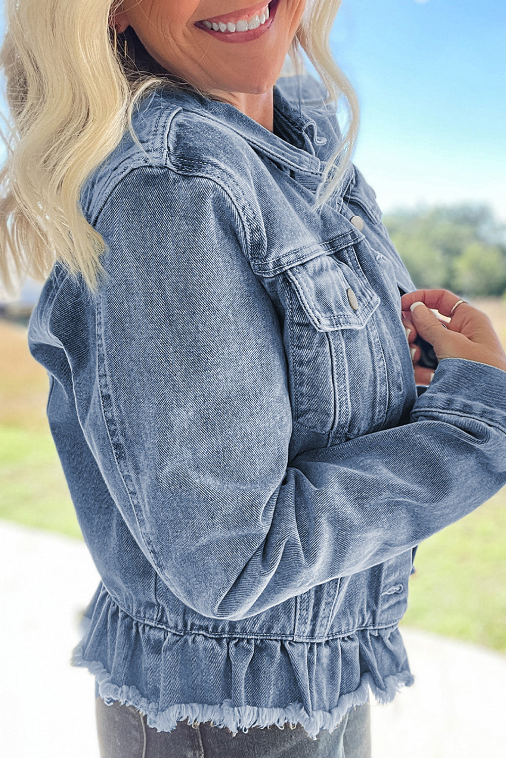 Beau Blue Ruffle Raw-Hem Denim Jacket