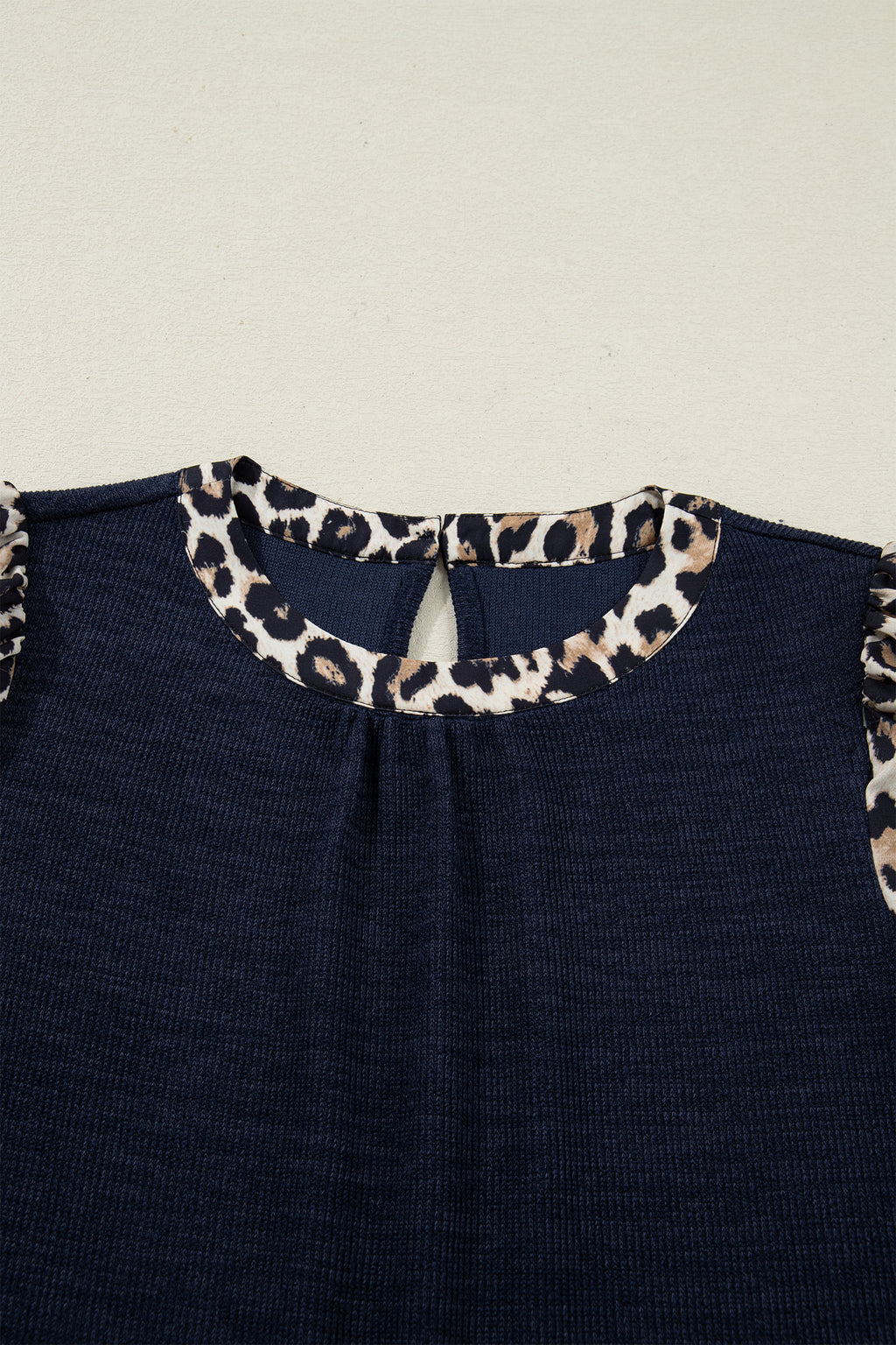 Navy Blue Ribbed Contrast Leopard Patchwork Short Sleeve Top