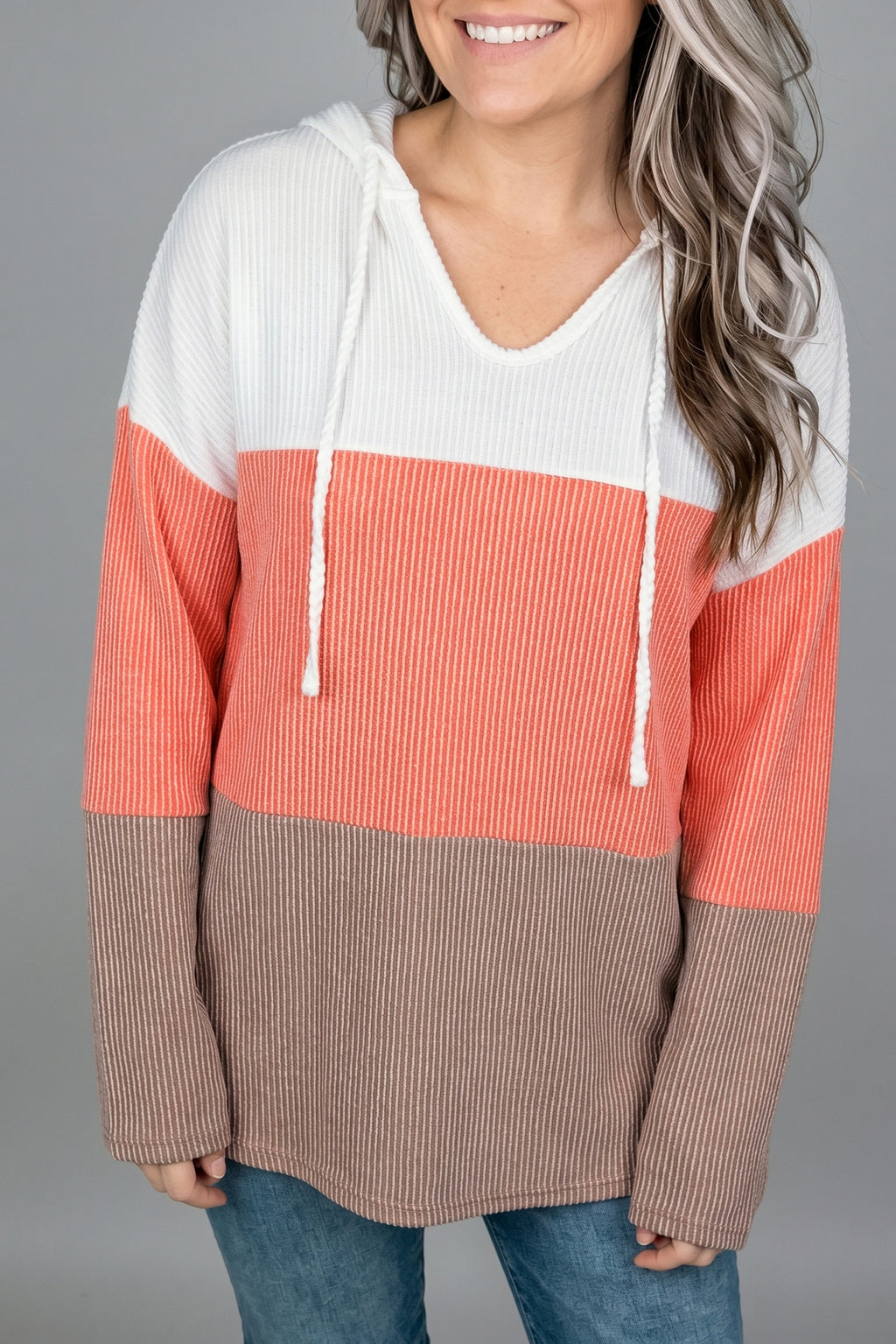 Gold Flame Ribbed Colorblock Hooded Pullover Long-Sleeve Top