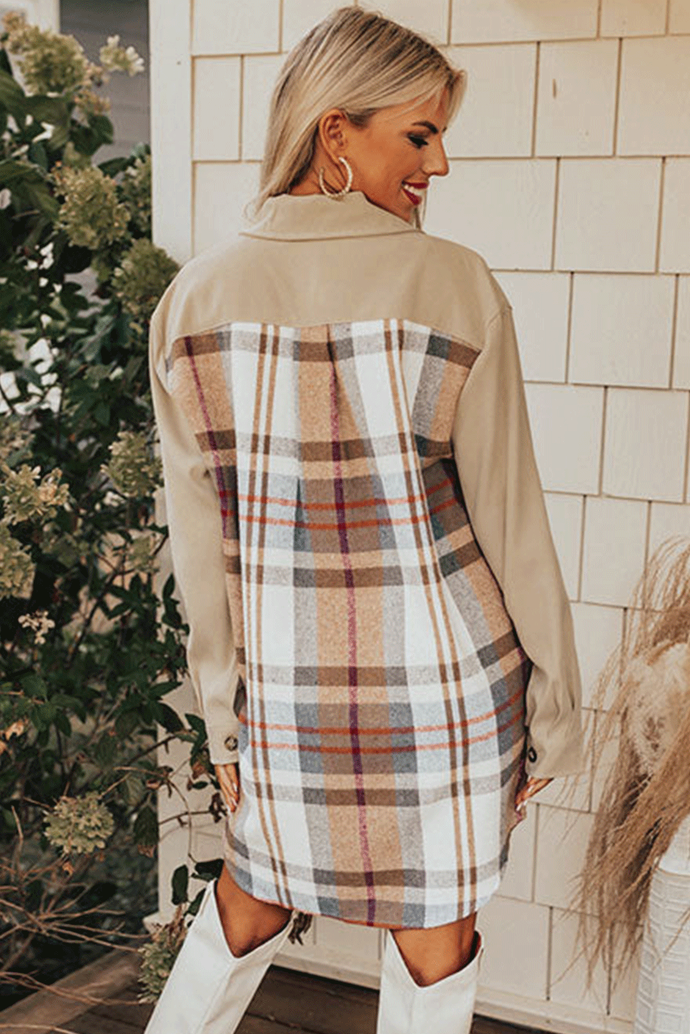Khaki plaid patchwork long sleeve mini dress by Dear-Lover, featuring a stylish casual design with button details.