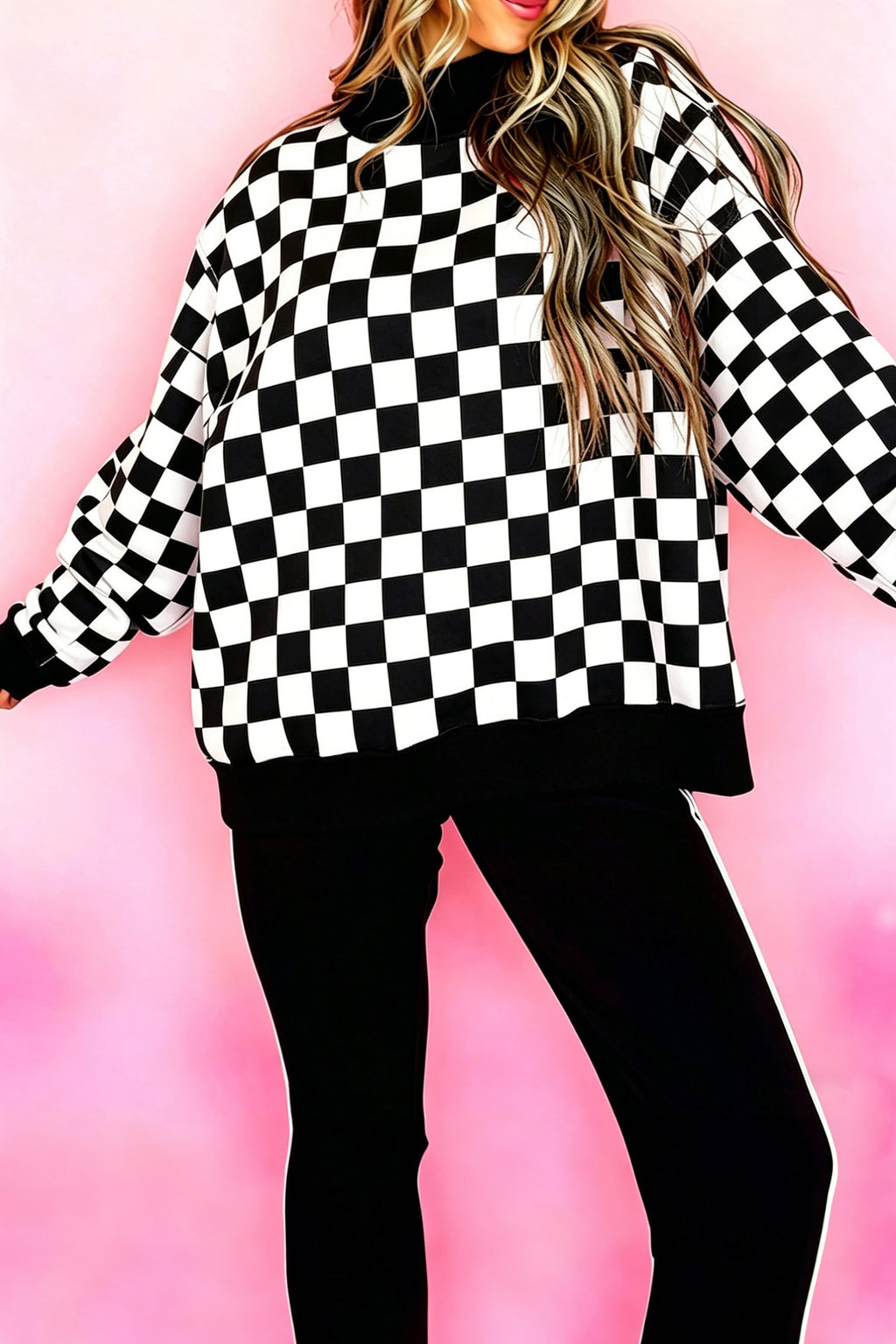 Black checkered print high neck baggy sweatshirt from Dear-Lover, featuring a cozy, oversized design and high neckline.