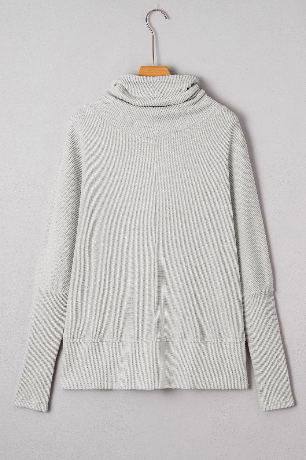 Light Grey Textured Knit Drawstring Cowl Neck Oversize Top with Side Slits