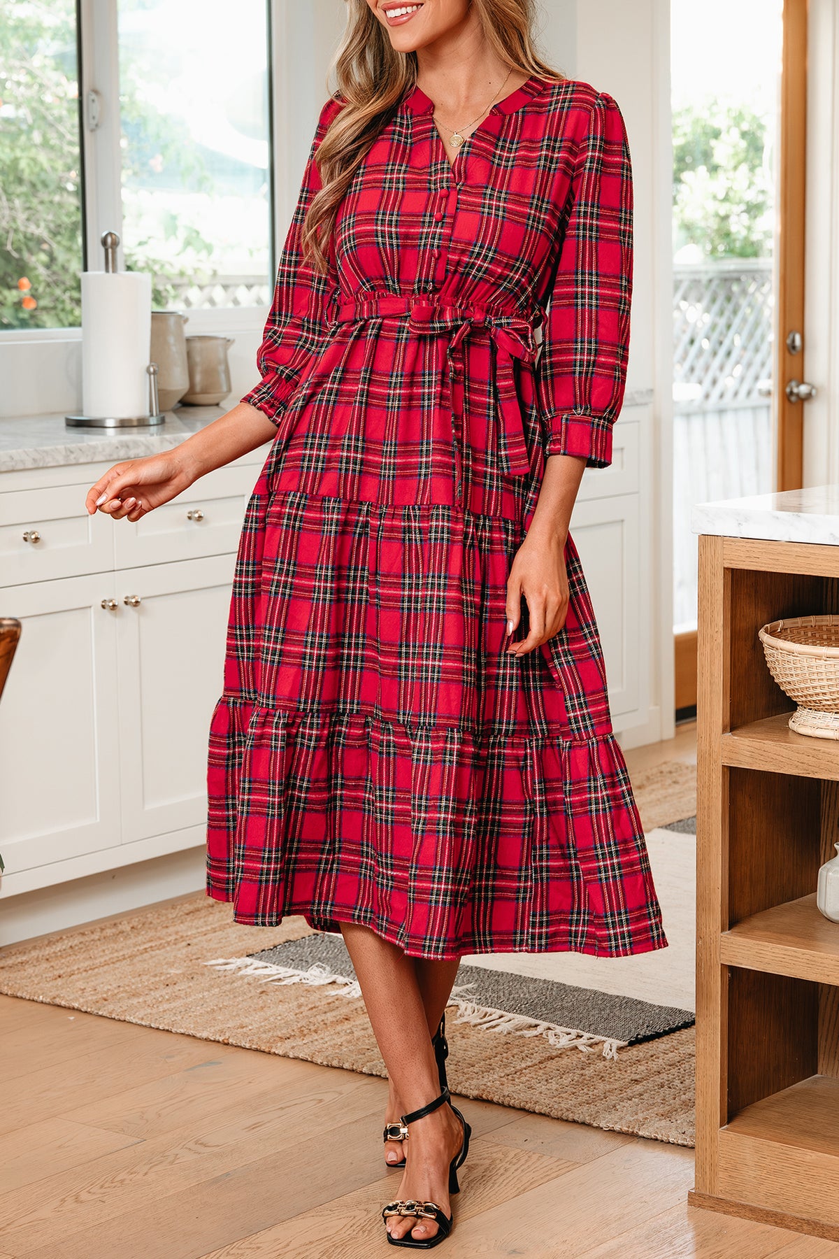Red Christmas Plaid Tie-Waist Long Dress