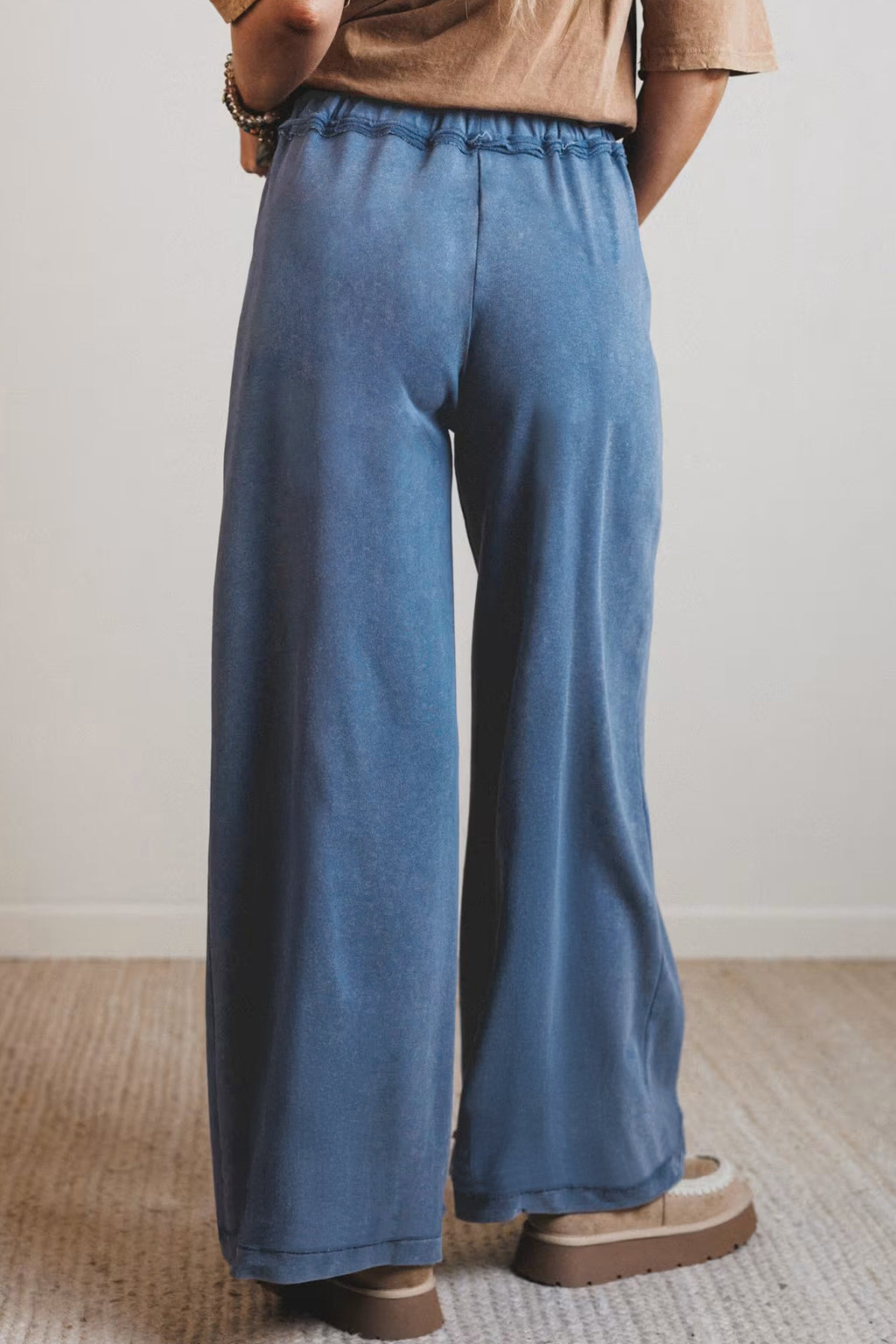 Smoke gray cotton mineral wash wide-leg Western pants with high waist and drawstring from Dear-Lover, casual retro style.