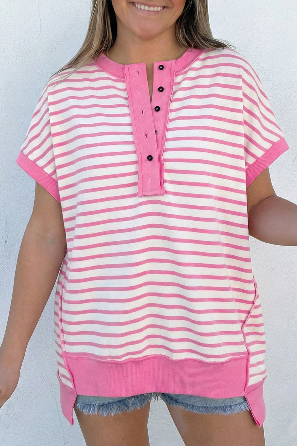 Pink Stripe Half Placket High Low Short-Sleeve Top