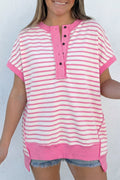 Pink Stripe Half Placket High Low Short-Sleeve Top