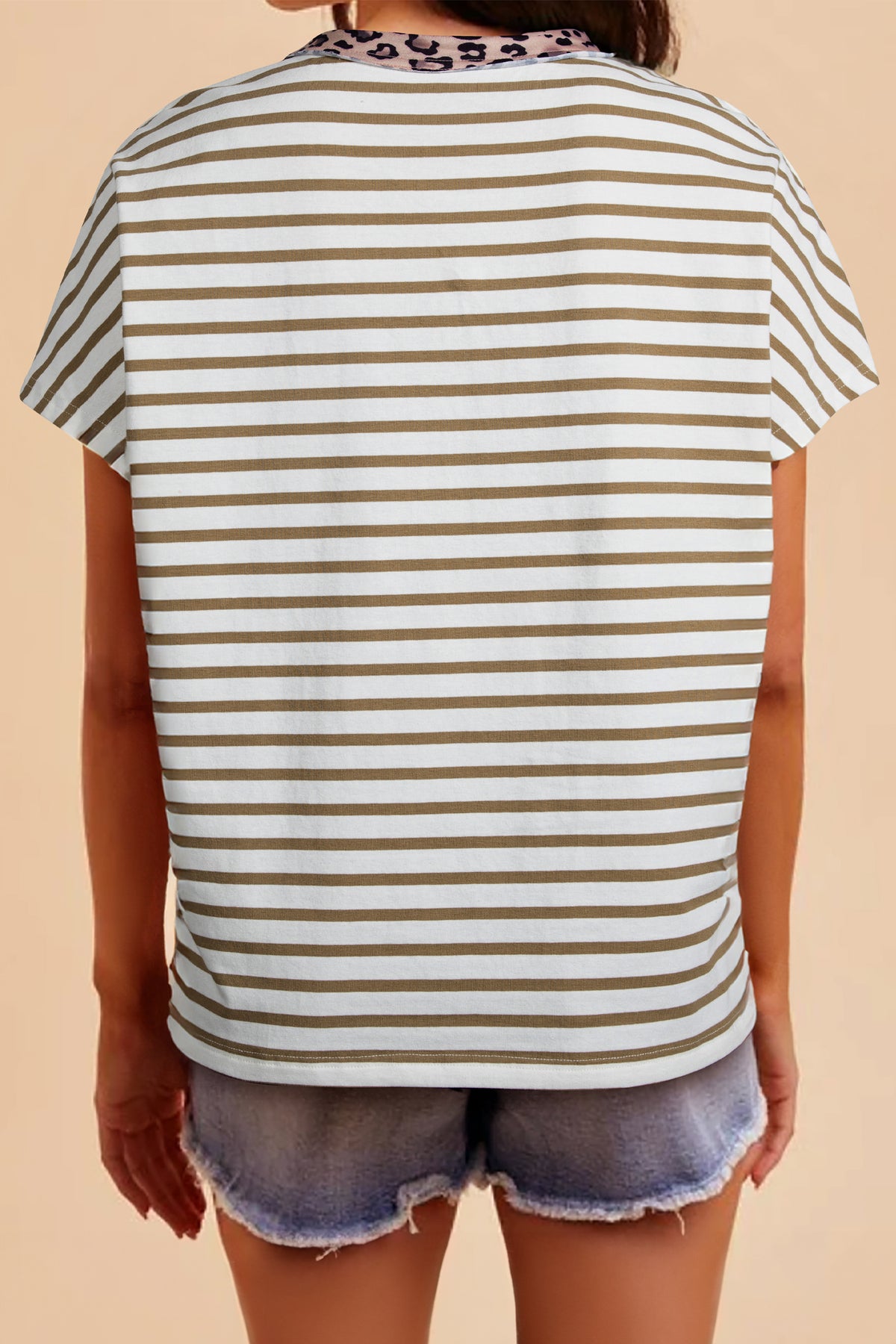 Khaki Stripe Leopard Patchwork Round Neck Loose T Shirt